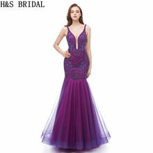 Purple Mermaid Evening Gown Embroidery Lace Formal Evening Dress Deep V Neck Prom Dresses abiye gece elbisesi Elegant Sexy Gown 2024 - buy cheap