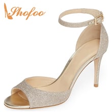 Gold Sequined Cloth Ankle Strap Peep Toe Pumps Woman High Thin Heels Stilettos Large Size 11 16 For Ladies Wedding Shoes Fashion 2024 - buy cheap