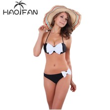 HAOFAN-Bikini de retazos con lazo para mujer, traje de baño liso con lunares, Bikinis de encaje para mujer, ropa de playa Sexy para verano 2018 2024 - compra barato