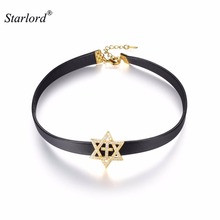 Gargantilha de couro magen star of david, colar gargantilha corrente de couro preto e zircônia cúbica cor dourada e prateada n2739 2024 - compre barato