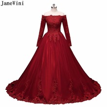 JaneVini Elegant Long Burgundy Bridesmaid Dresses Tulle Boat Neck Lace Applique Princess Ball Gown Formal Prom Gowns Sweep Train 2024 - buy cheap