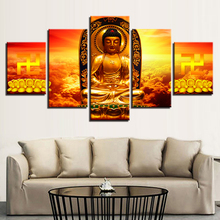 Pintura en lienzo para decoración del hogar, marco de 5 piezas, estatua de Buda dorado, Fondo de semilla de loto, imágenes modulares HD, impresiones, póster, arte de pared 2024 - compra barato