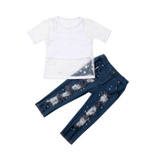 Комплект одежды принцессы из 3 предметов для девочек, повседневные Летние прозрачные сетчатые топы для маленьких девочек, укороченный топ + рваные джинсовые штаны 2024 - купить недорого