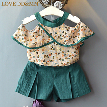 LOVE DD&MM Girls Sets 2022 Summer New Kid's Wear Girls Fashion Leaf Print Chiffon Off-Shoulder Short-Sleeved Shirt + Shorts Suit 2024 - buy cheap