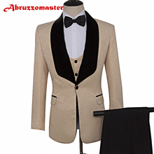 Tailor Suits Blazer Printed Groom Tuxedos Shawl Lapel Groomsman Suit Beige Wedding suit Custom Made Man Suit Jacket+pants+vest 2024 - buy cheap