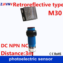 Sensor fotoelétrico/fotocélula m30, interruptor com placa refletora para espelho, distância de 3 m, npn nc dc