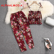 ALPHALMODA 2019 Summer Women Floral Crop Top + Pants 2pcs Set Printed Holidays Casual Sling Top + Lined Trousers 2pcs Sets 2024 - buy cheap