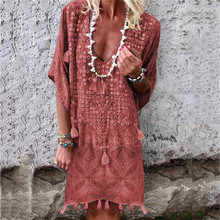 Estilo Praia verão Boho Tassel Vestido Mulheres de Manga Curta Casual Solto Floral Kaftan Maxi Dress Senhoras Vestido Midi 2024 - compre barato