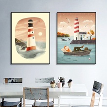 Lighthouse Whale Sea Beach Minimalist Art Nordic Canvas Poster Painting Cartoon Landscape Wall Picture Modern Home Room Decor 2024 - buy cheap