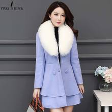 Pinkyisblack casaco de lã longo, feminino com babados, casaco de lã mistura e jaqueta removível gola de pele, casaco feminino para outono inverno 2024 - compre barato
