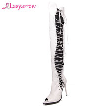 Lasyarrow-botas femininas, salto alto sensual, peep toe, calçado de amarrar sobre o joelho, sapatos femininos, sandálias de verão 2019 2024 - compre barato