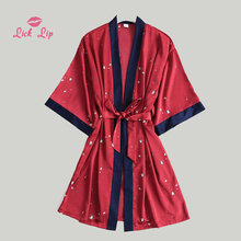 Lick Lip 2019 весна красный атласный женский халат с коротким рукавом Мини Ночная рубашка для женщин с принтом звезд Женская одежда для сна 2024 - купить недорого