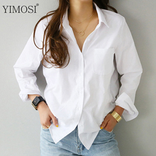 Otoño de las mujeres blusa blanca de algodón camisa de manga larga Casual OL estilo blusa 2021 señora bolsillo vestido de oficina Tops de talla grande 2024 - compra barato