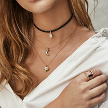 Colar feminino colar corda de couro lyxuy, múltiplas camadas, com pingentes de lua, cores douradas, jóias femininas 2024 - compre barato