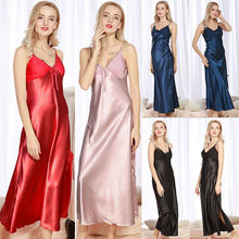 Camisola feminina cetim renda, camisola lingerie comprida preta azul rosa 2024 - compre barato