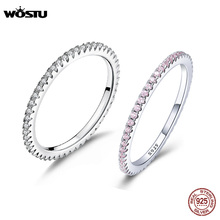Anéis de casamento wostu prata 100% genuína, anéis redondos empilháveis para mulheres joias para noivado fir066 2024 - compre barato