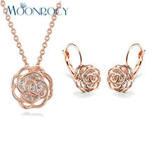 MOONROCY Trendy Crystal Necklace and Earrings Rose Gold Color Jewelry Set for Women Lovers Girls Gift Dropshipping Wholesale 2024 - buy cheap