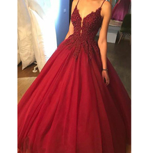 Custom-made Spaghetti Strap Burgundy Prom Dress Ball Gown Beadings Appliques Tulle Evening Formal Dress Long Gala Jurken 2024 - buy cheap