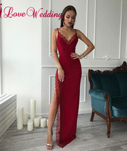 Simple Design Sexy Straight Long Red Prom Dresses Custom made V Neck Side Split Lace Edge Floor Length Prom Gowns 2024 - buy cheap