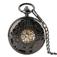 Reloj de bolsillo mecánico de mano antiguo Vintage para hombre y mujer, collar con colgante negro cazador completo, rueda de engranaje, reloj de bolsillo, regalo 2024 - compra barato