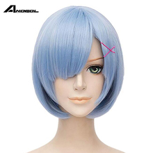 Anogol Re:Zero Starting Life in Another World Rem Old Short Straight Blue Synthetic Cosplay Wig For Halloween Costume Party 2024 - buy cheap