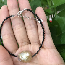 Natural Tiny Shining onxy stone 2-3MM Real Big Baroque 14x18MM Pearl Bracelet 7"Tibetan Silver clasp +3CM 2024 - buy cheap