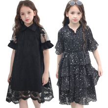 Teen Girl Dresses Summer Girl Clothes Chiffon Print Black Mesh Lace Party Girl Princess Dress 12 14 Years Kids Dress Children 2024 - buy cheap