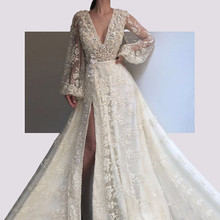 Lace Muslim Evening Dresses A-line V-neck Long Sleeves Slit Beaded Long Islamic Dubai Saudi Arabic Long Formal Evening Gown 2024 - buy cheap