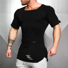 Muscleguys Brand 2021 Summer Long T-Shirt Men Fashion Hole Distressed Fitness T shirt Short Sleeve Solid Slim Fit Hip Hop Tshirt 2024 - buy cheap