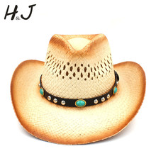 Women Men Western Cowboy Hat With Punk Leather Band Straw Lady Dad Beach Sun Sombrero Cap Mesh Cowgirl Jazz Hat Size 58CM 2024 - buy cheap