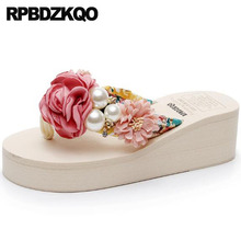Wedge Slides Flip Flop Pearl Slippers Pink Platform Sandals Glass Rhinestone High Heel Fashion Shoes 2021 Women Floral Print 2024 - buy cheap