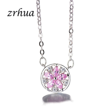ZRHUA Real 925 Sterling Silver Necklace for Women Link Chain Round Flower Pendant Necklace Inlay White/Pink Zircon Choker 2024 - buy cheap