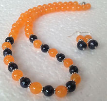 7-8MM  Black Akoya Cultured Pearl/Orange Natural jade necklace earrings set 2024 - buy cheap
