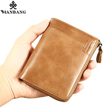 ManBang Brand Men Wallets Vintage Crazy Horse Genuine Leather Zipper Wallet Card Holder Coin Pocket Men's Purse Male Carteira 2024 - buy cheap
