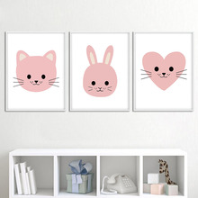 Animal dos desenhos animados gato coelho cabeça cartaz da lona berçário arte impressão minimalista pintura nordic parede imagem do quarto criança decoração 2024 - compre barato