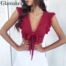 Glamaker Ruffle bow deep v neck plus size women camisole tank top Pink bandage summer crop top Female green ladies top tee cami 2024 - buy cheap