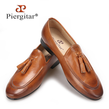 Piergitar Two colors men genuine leather shoes with leather tassel men handmade smoking slippers wedding and party men loafers 2024 - buy cheap