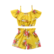 Citgeett Summer Toddler Kids Girls Royal Off Shoulder Yellow Floral Strap Tops Shorts Outfits Set Cute Summer Novelty Clothes 2024 - buy cheap