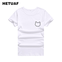 HETUAF-Camisetas estampadas de bolsillo con Gato Kawaii para Mujer, camiseta Hipster Ulzzang en blanco y negro, Tops Harajuku Tumblr para Mujer 2018 2024 - compra barato