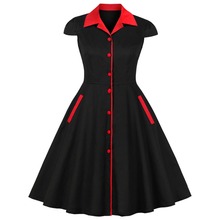 Women Midi Vintage Dress Elegant Cotton Female Casual Tunic Black Red Patchwork Fashion 1950s Hepburn Retro Party Sweet Dresses 2024 - buy cheap