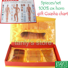 Good quality! wholesale & retail Traditional Acupuncture Massage tool GuaSha beauty face kit ox horn 5pcs/Set+1pcs chart 2024 - buy cheap