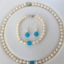 Collar de Aguamarina y Perla blanca de 7-8mm, conjunto de pulsera y collar azul de 18 "y 7,5", novedad 2024 - compra barato