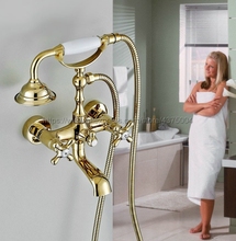 Dual Cross Handles Wall Mounted Golden Bathroom Tub Faucet with Hand Held Shower Sprayer Ntf134 2024 - buy cheap