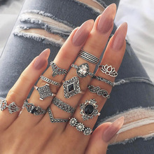 15 Pcs/Set Bohemian Retro Crystal Flower Leaves Hollow Lotus Gem Silver Color Ring Set Women Wedding Anniversary Gift 2024 - buy cheap