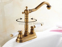 Classic 2 Hole Deck Mounted Antique Brass Bathroom Basin Faucet / Dual Cross Handles Kitchen Sink Swivel Spout Mixer Taps Wnf324 2024 - buy cheap