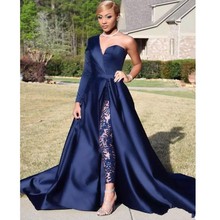 Navy Blue Muslim Evening Dresses One Shoulder Long Sleeve Formal Dress Islamic Dubai Saudi Arabic Satin Evening Gown 2024 - buy cheap