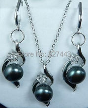 Wholesale free shipping >>Pretty Black Natural Pearl Necklace + Earring Set 2024 - buy cheap