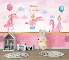 Mural de parede infantil unicórnio rosa para sala de estar, decoração de parede para casa, rolos de papel de parede 3d 2024 - compre barato