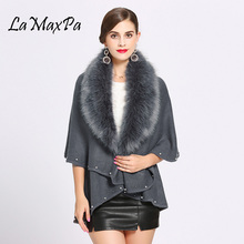 LaMaxPa Autumn Winter New Fashion Women Solid Knitted Hooded Vintage Fake Fox Fur Cashmere Shawls Wraps Cape Femme Coat Poncho 2024 - buy cheap