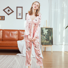 Roseheart Summner-Pijama para dormir para mujer, conjuntos de ropa de dormir, chaleco bordado, trajes para dormir, camisón de seda sintética de talla grande, 3 piezas 2024 - compra barato